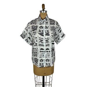 Vintage 80s Tropical Shirt Womens XL Black White Fish Ethnic Print Cuffed Sleeve